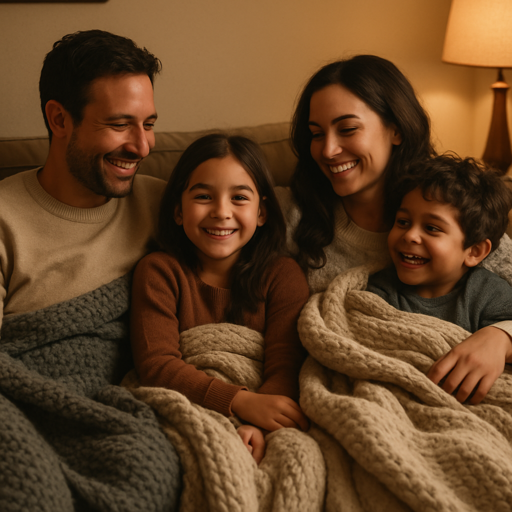 Happy family enjoying warmth from advanced heating system