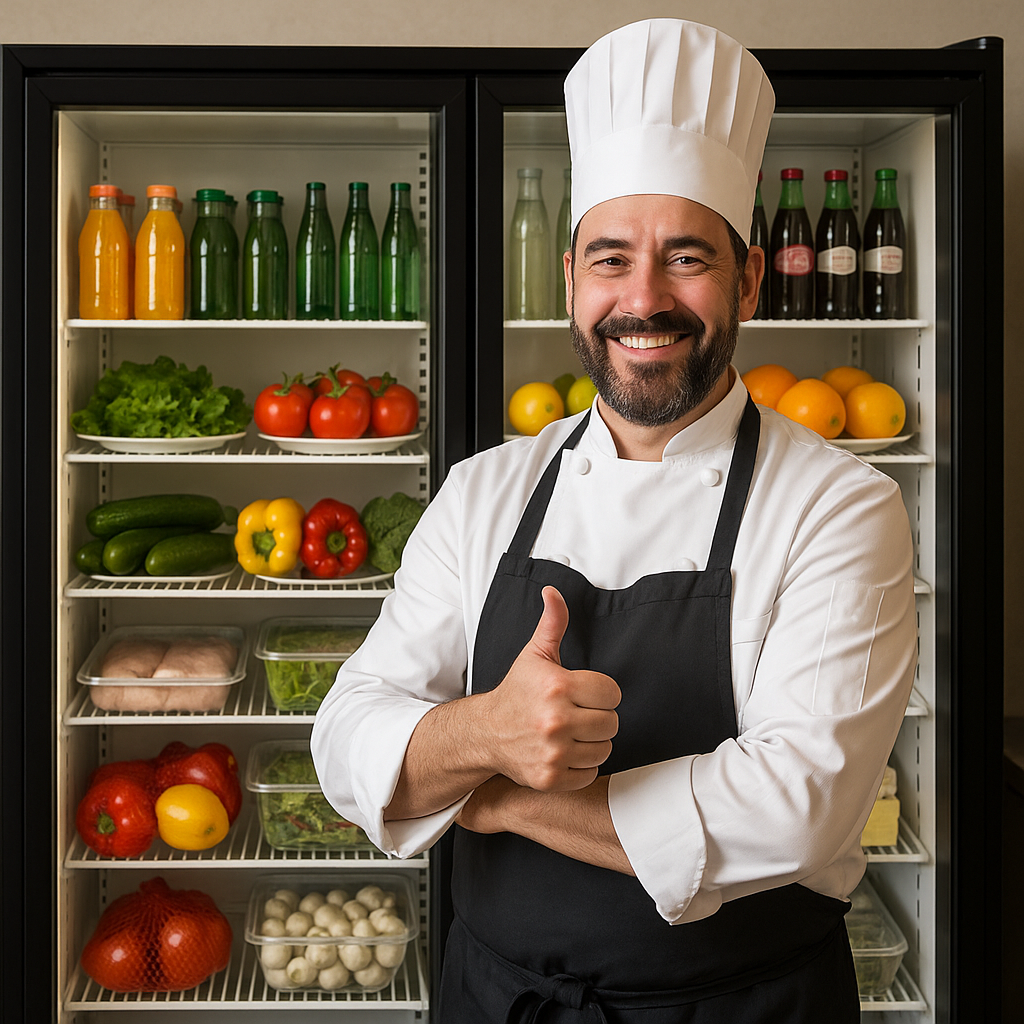 Proud restaurant owner with perfectly functioning commercial refrigeration