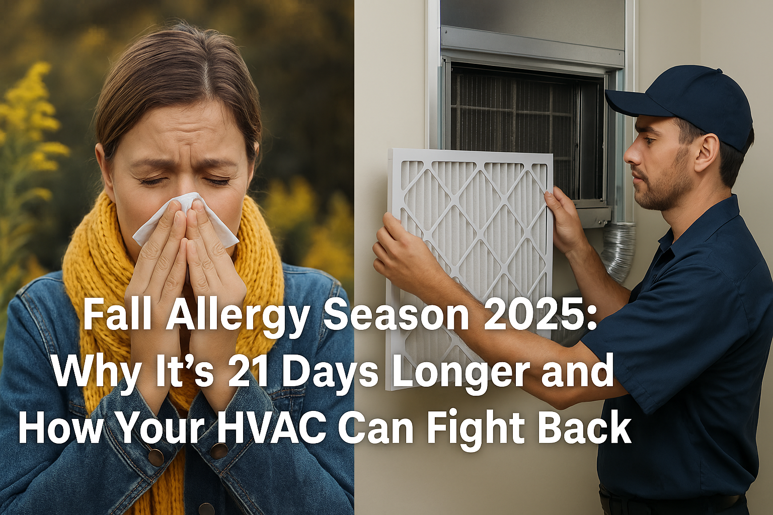 Fall allergy season 2025 - Woman suffering from allergies and HVAC technician replacing filter