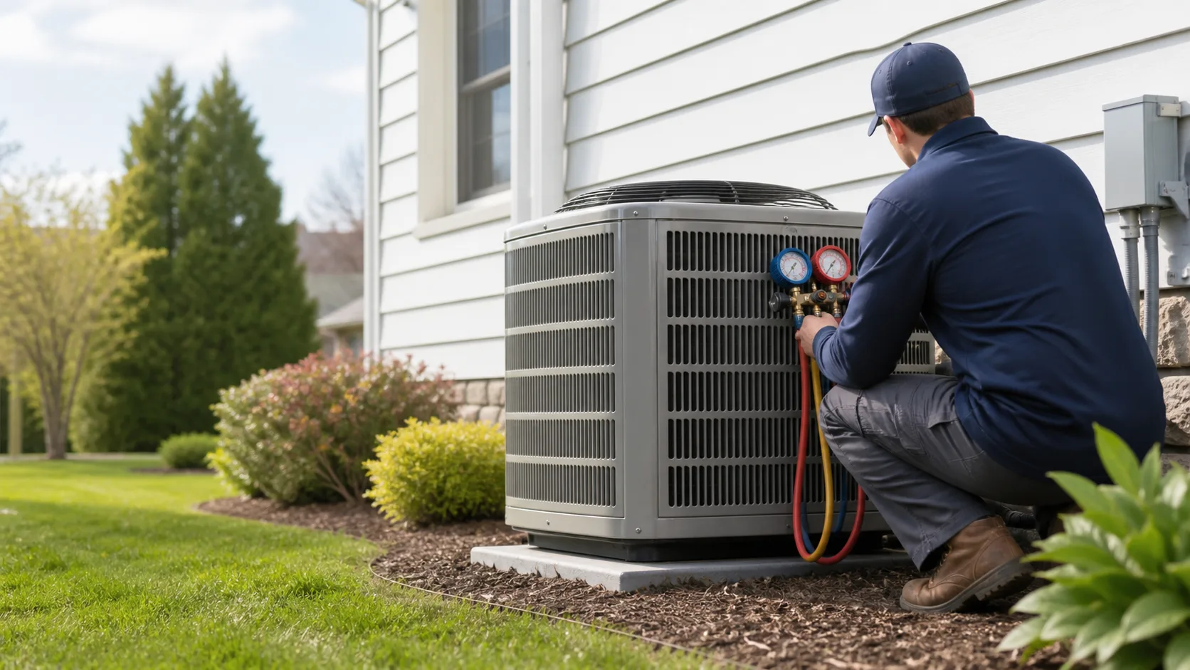 Illustration of an HVAC technician inspecting residential outdoor air-conditioning equipment